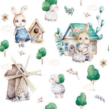 Ormandaki sevimli tavşanlar. Bahar pürüzsüz desen, çocuk kıyafetleri için çizgi film çizimi. Woodland Suluboya tarzı. Dava tasarımı, çocuk odası posterleri, kartpostallar için el çizimi boho resmi