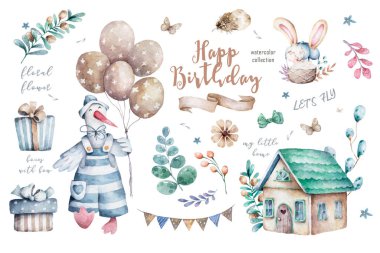 Balonlu ve paskalya öğeleri olan sevimli tavşan ve kaz çizgi filmi. Tasarım için güzel bir suluboya çizimi. Boho tarzı