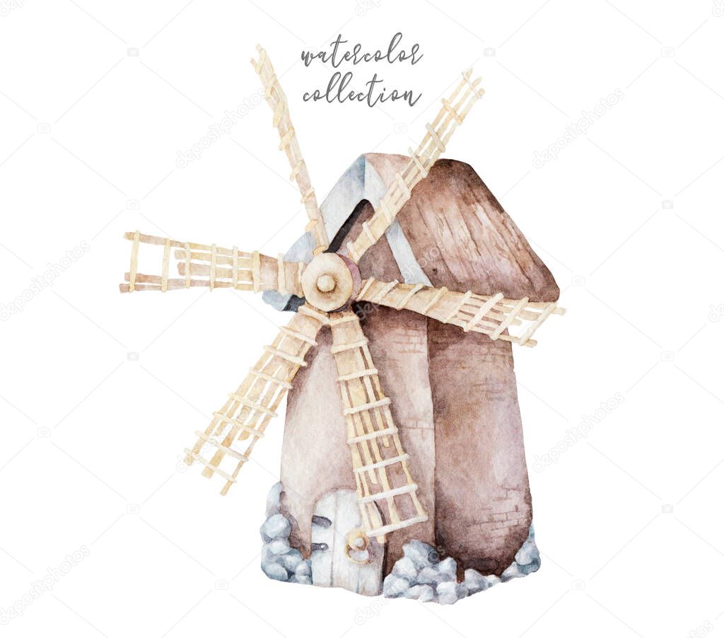Watercolor Netherlands background. Hand drawn vintage watercolor cartoon illustration with windmill on isolated white background