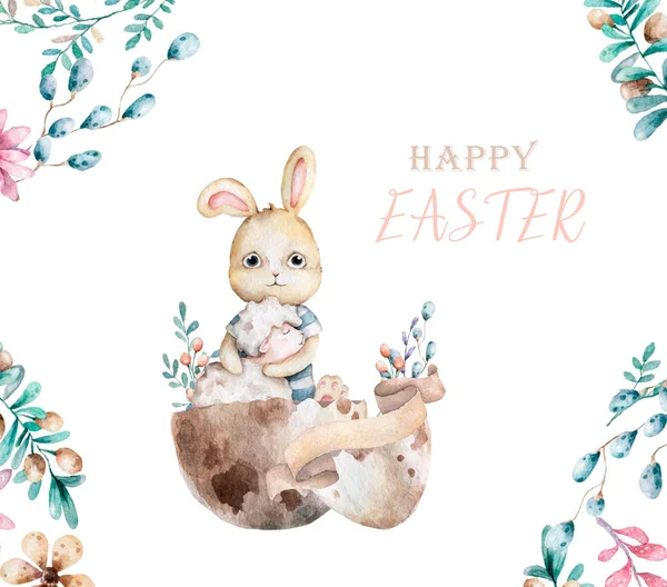 손으로 색 칠 한 수채화 행복 한 부활절와 테 톨러 귀여운 아기토끼는 램프로 달걀을 놓고 앉아 있습니다. 토끼보헤 미아 만화, 고립된 보호 삽화 — 스톡 사진