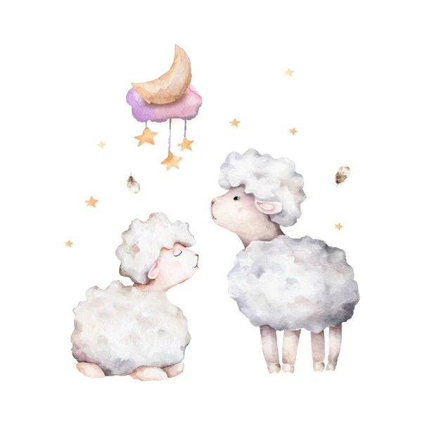 可爱的羊与星星。白色孤立背景上的手绘水彩画. — 图库照片