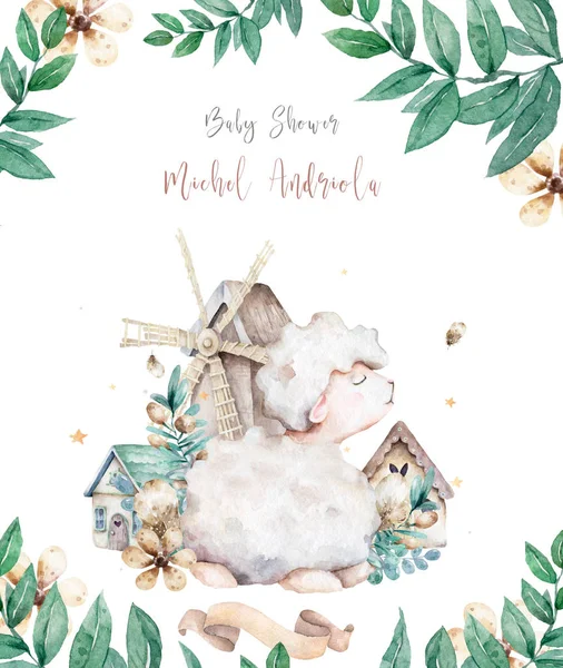 바람 과 나무 집 이 있는 달콤 한 아기 양. 아기 샤워 컬렉션에 포스트 카드보내기. 흰 바탕에 손으로 그린 그림 — 스톡 사진