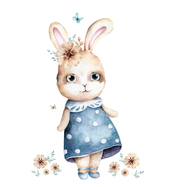 Miúda coelhinha. Mão coelho aquarela desenhado com flores fundo para a pequena princesa — Fotografia de Stock