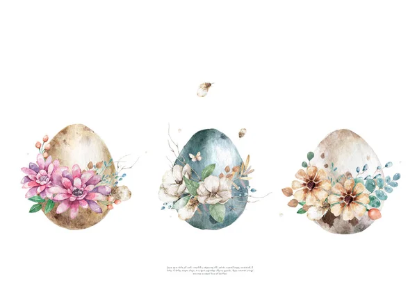 Akvarel Veselé Velikonoce vejce s květinami a jarní květin, izolované na bílém pozadí — Stock fotografie