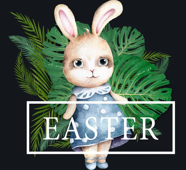 손으로 그린 행복 한 수채화 석고는 토끼 무늬가 있습니다. Rabbit bohemian 스타일, 고립 된 boho 삽화가 있는 흰색. 설계를 위한 귀여운 토끼 토끼 그림 — 스톡 사진
