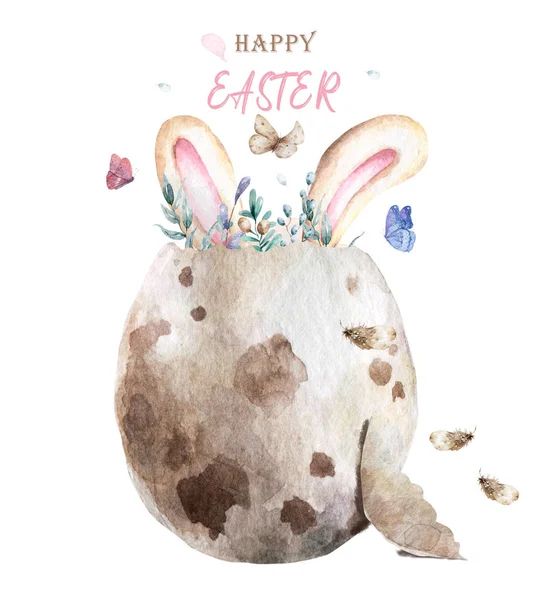 행복 한 부활절 수채화. 토끼 귀가 달린 착란 과흰 배경에 따로 떨어져 있는 봄 꽃, 무늬 엽서를 위한 빈티지 물감 삽화 — 스톡 사진