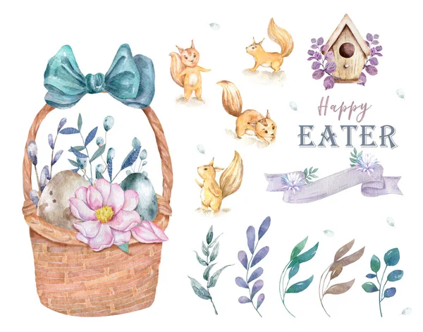 Hand drawn watercolor happy easter set with basket and squirrel design. Rabbit bohemian style, isolated boho illustration on white. Cute baby rabbit illustration for design — Stock Photo, Image