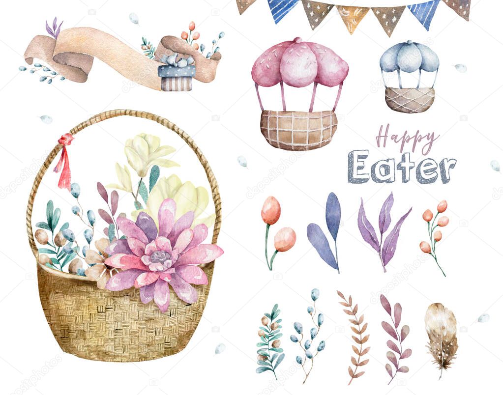 Hand drawn watercolor happy easter set with basket floral design. Spring bohemian style, isolated boho illustration on white. illustration for design