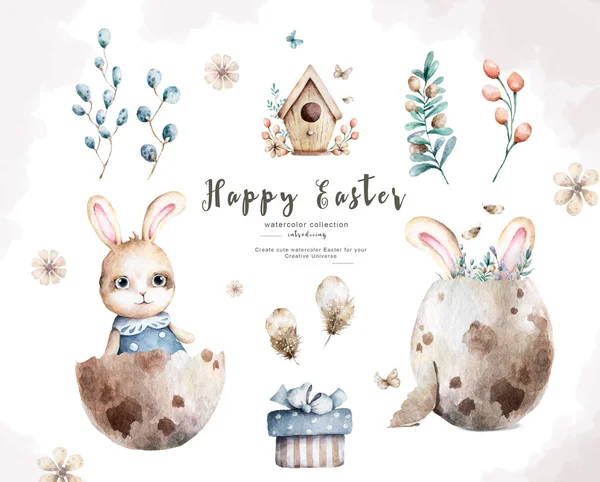 Handgezeichnetes Aquarell Glückliche Ostern Set Mit Hasen Gestaltet Rabbit Bohemian — Stockfoto