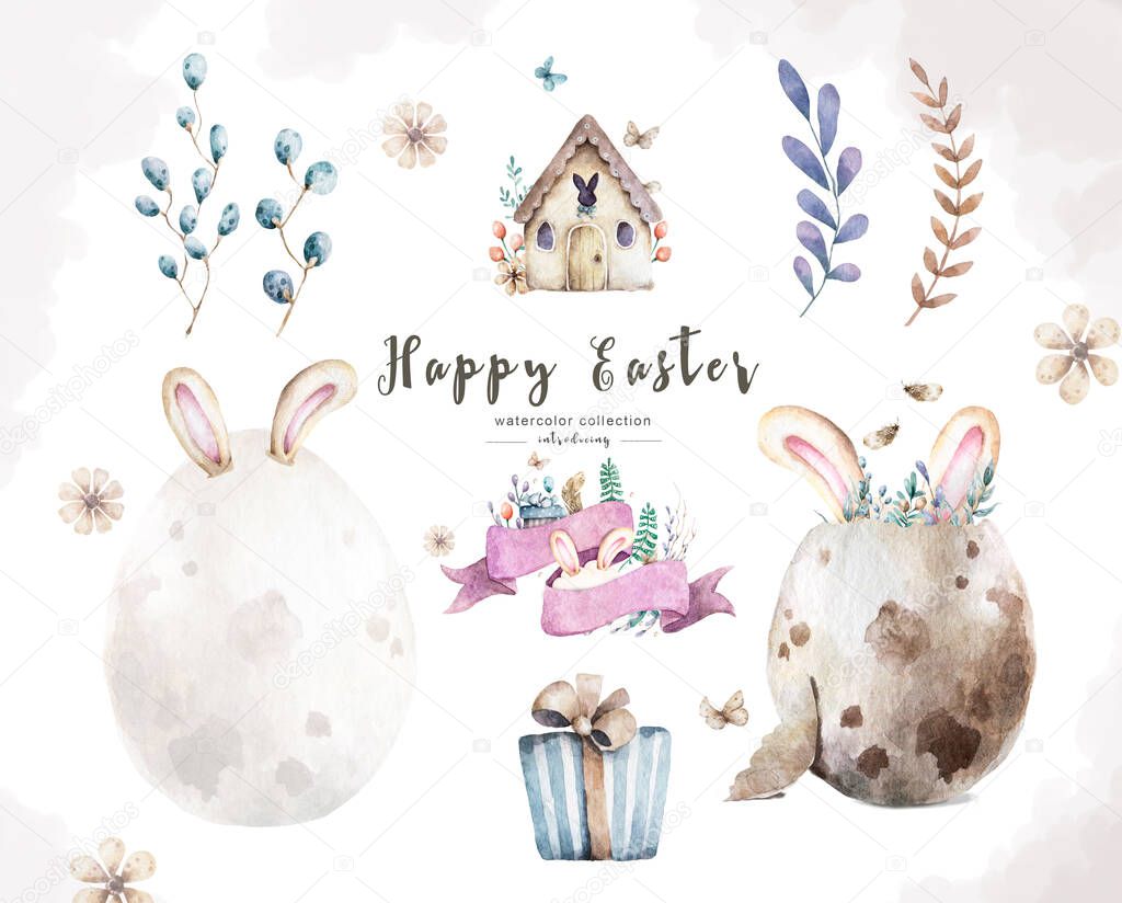 Watercolor Happy Easter set, Colored eggs with pink flower and spring floral, isolated on a white background, vintage watercolor illustration for design
