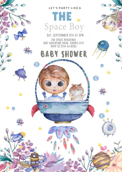 Baby Shower Cartão Saudação Com Bebê Dos Desenhos Animados Menino — Fotografia de Stock