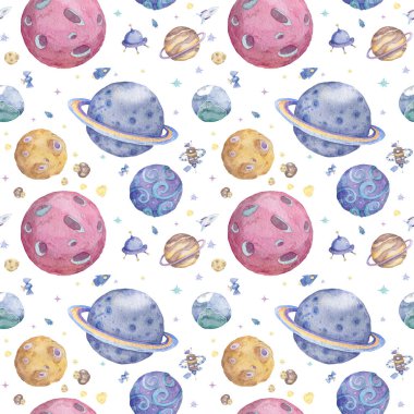 Set of Solar system planets: Mercury, Venus, Earth, Mars, Jupiter, Saturn, Uranus Neptune Pluto Seamless space pattern background