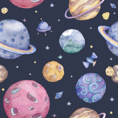 Set of Solar system planets: Mercury, Venus, Earth, Mars, Jupiter, Saturn, Uranus Neptune Pluto Seamless space pattern background