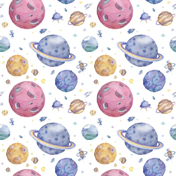 Set of Solar system planets: Mercury, Venus, Earth, Mars, Jupiter, Saturn, Uranus Neptune Pluto Seamless space pattern background