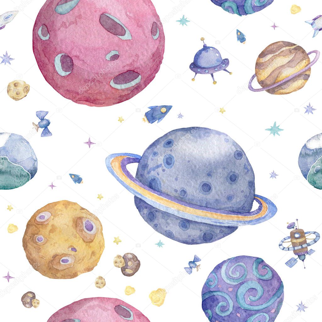 Set of Solar system planets: Mercury, Venus, Earth, Mars, Jupiter, Saturn, Uranus Neptune Pluto Seamless space pattern background
