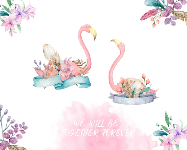Exotic tropic bird pink flamingo with palm leaves and plant flower agave hand drawn watercolor. Print trendy flower illustration poster with the slogan summer