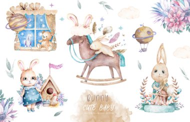 Paskalya tavşanı, çiçekli suluboya çizgi film tavşanları çiziyor. Tatlı suluboya hayvan tavşanı uyuyor.