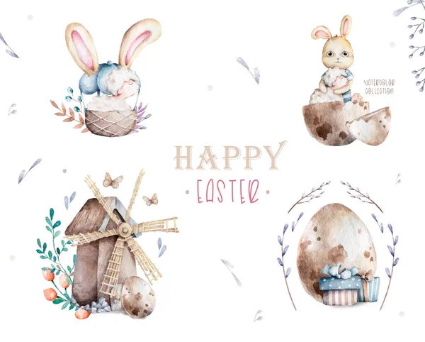 Acquerello Disegnato Mano Felice Pasqua Insieme Con Coniglietti Design Rabbit — Foto Stock