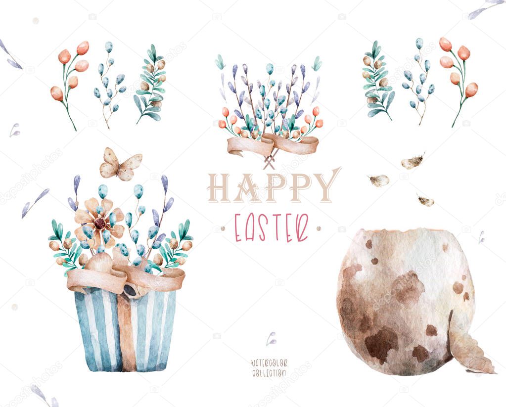 Watercolor Happy Easter set, Colored eggs with pink flower and spring floral, isolated on a white background, vintage watercolor illustration for design