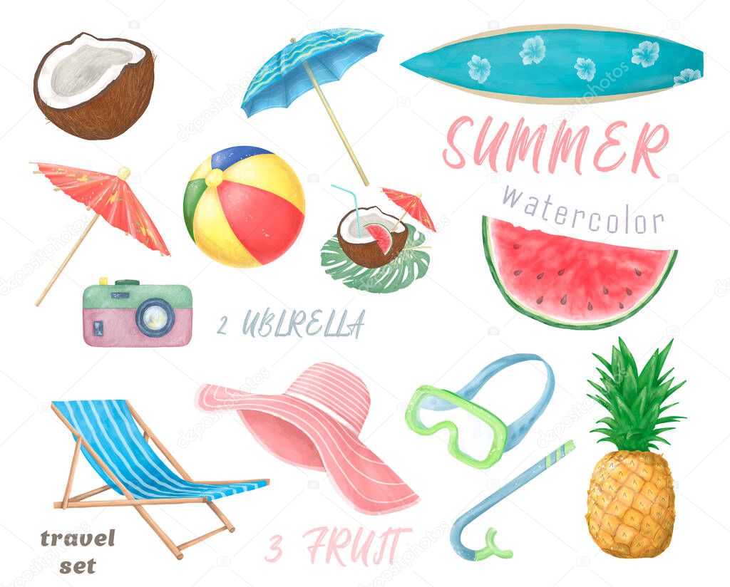 Set of cute summer icons: food, drinks, palm leaves, fruits and flamingo. Bright summertime poster. Collection of scrapbooking elements for beach party.