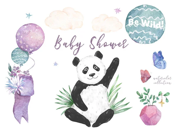 Baby panda collection. Cute little pandas with mom. The illustrations are decorated with floral elements