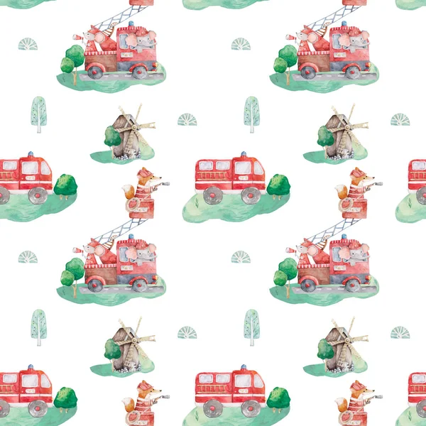 Cute watercolor elephant seamless pattern for Baby Shower with mouse and fire car. Beauty illustration for kids textile, card. Colorful clip art toys. Painting nursery on white background