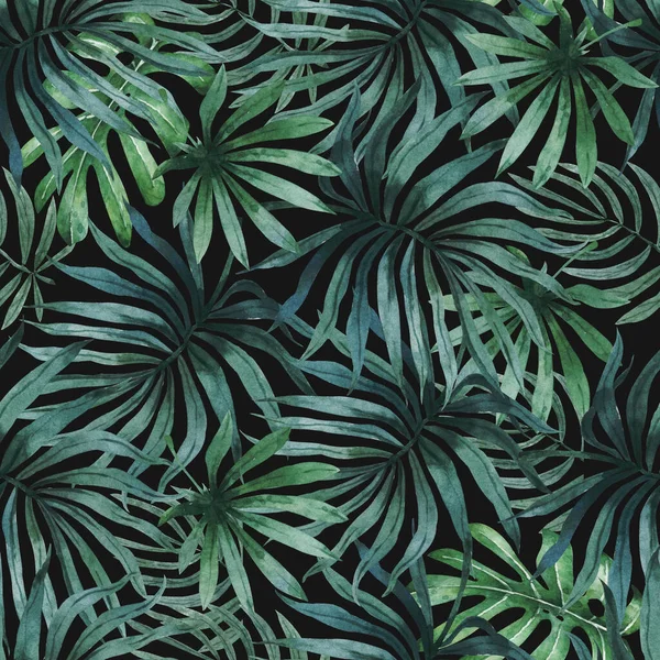 Aquarel tropische palm bladeren naadloos patroon. Met de hand getekend jungle illustratie donkere achtergrond. — Stockfoto