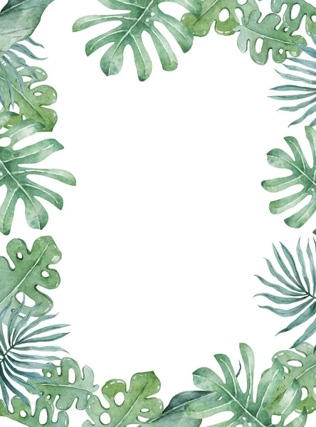 El yapımı suluboya tropikal afiş. Egzotik yaprak çizimleri yatay çerçeve, orman ağacı, Brezilya modası. Tasarım için mükemmel. — Stok fotoğraf