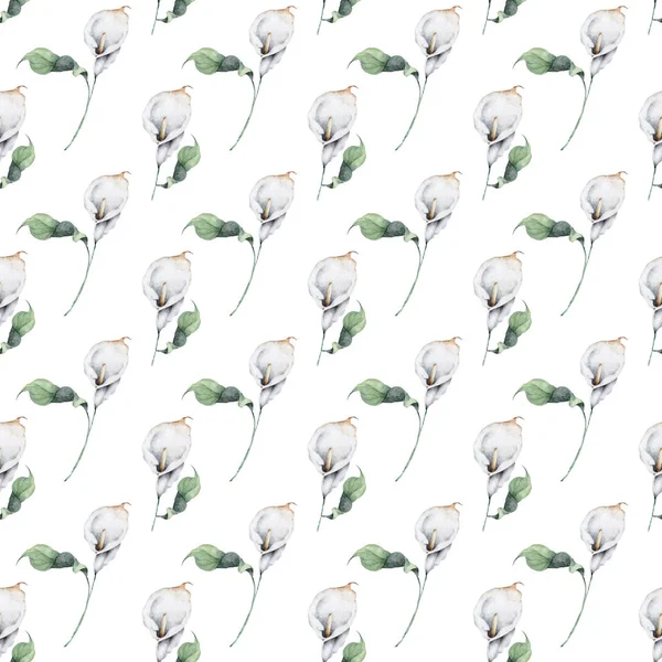 Płynny Wzór Białymi Kwiatami Lilii Zielonymi Liśćmi — Zdjęcie stockowe