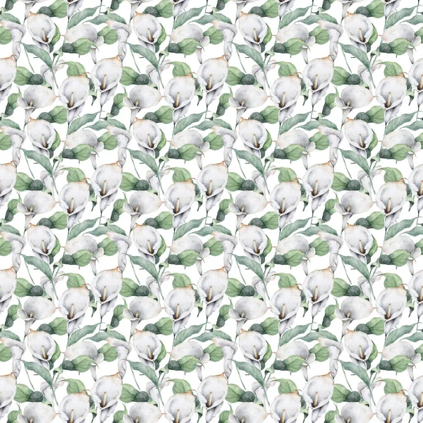 Padrão Sem Costura Com Flores Lírio Calla Branco Folhas Verdes — Fotografia de Stock
