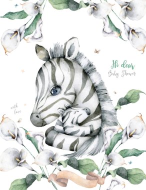 El çizimi şirin tropikal yaz suluboya zebra hayvanları. Zebra bebek ve anne çizgi film hayvan çizimleri, orman ağacı,
