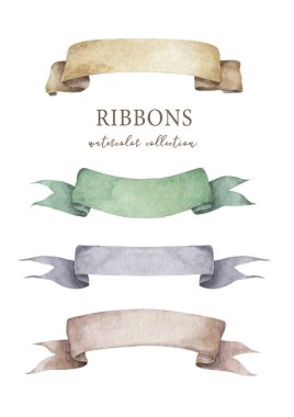 Suluboya kurdeleler hazır. El çizilmiş çizgiler veya pankartlar Watercolor tasarım ögeleri izole nesneler.