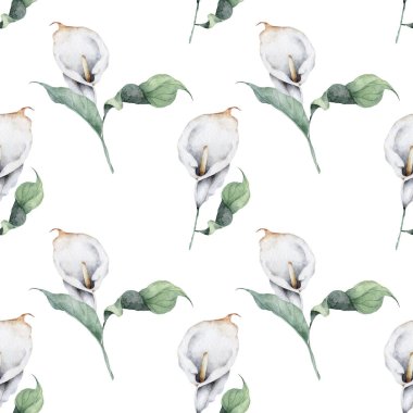 Beyaz zambak çiçekleri ve yeşil yapraklı kusursuz bir desen..