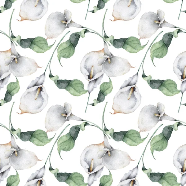 Patrón Sin Costuras Con Flores Lirio Cala Blanca Hojas Verdes — Foto de Stock