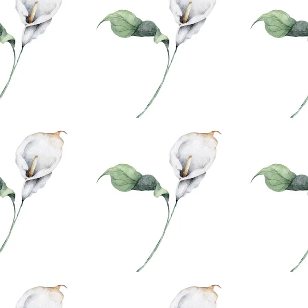 Απρόσκοπτη Μοτίβο Λευκά Λουλούδια Κρίνου Και Πράσινα Φύλλα — Φωτογραφία Αρχείου