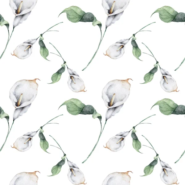 Απρόσκοπτη Μοτίβο Λευκά Λουλούδια Κρίνου Και Πράσινα Φύλλα — Φωτογραφία Αρχείου