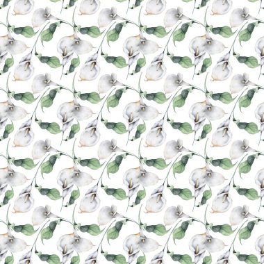 Beyaz zambak çiçekleri ve yeşil yapraklı kusursuz bir desen..