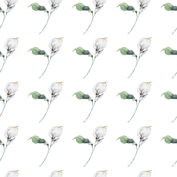 Padrão Sem Costura Com Flores Lírio Calla Branco Folhas Verdes — Fotografia de Stock