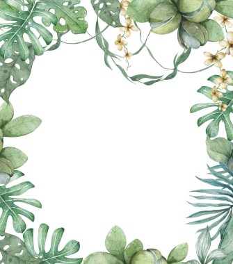 El yapımı suluboya tropikal set. Egzotik yapraklar, orman ağacı, Brezilya modası. Kumaş tasarımı için mükemmel. Aloha koleksiyonu.