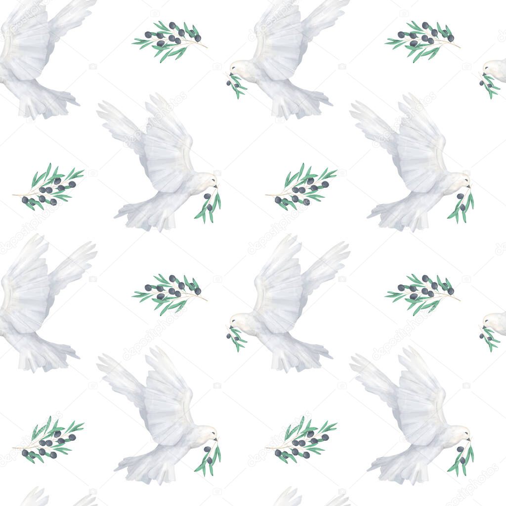 Hand drawn dove peace with olive branch and leaves seamless pattern Watercolor illustration white background