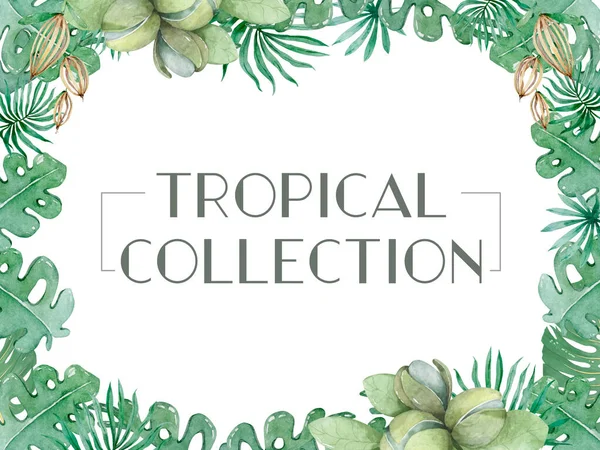 手工绘制的热带水彩画集 异国情调的树叶插图 丛林树 厚脸皮的潮流 完美的面料设计 阿罗哈收藏品 — 图库照片