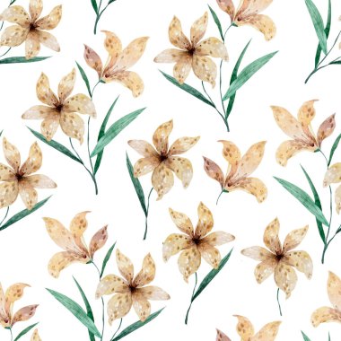 Kusursuz çiçek deseni. Beyaz arka planda suluboya şeklinde güzel zambak çiçekleri.