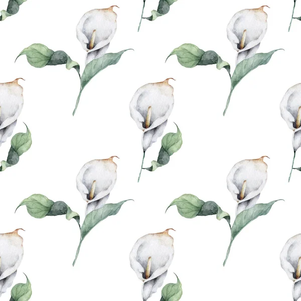 Beyaz Zambak Çiçekleri Yeşil Yapraklı Kusursuz Bir Desen — Stok fotoğraf