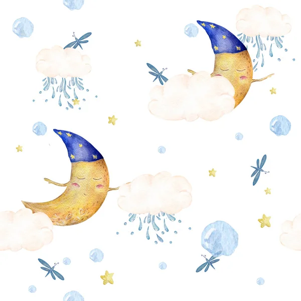 Funny sketching sleeping moon and smiling stars.  cartoon illustration background.