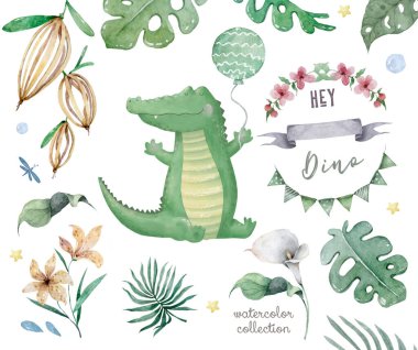 Hand drawn cute isolated tropical summer watercolor hippo animals. hippopotamus baby and mother cartoon animal illustrations, jungle tree clipart