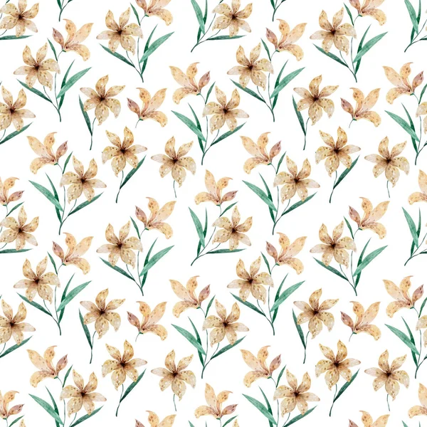 Απρόσκοπτη Μοτίβο Λουλουδιών Όμορφα Λουλούδια Κρίνου Στυλ Ακουαρέλα Λευκό Φόντο — Φωτογραφία Αρχείου