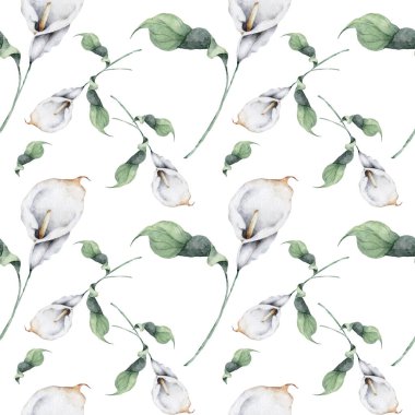 Beyaz zambak çiçekleri ve yeşil yapraklı kusursuz bir desen..