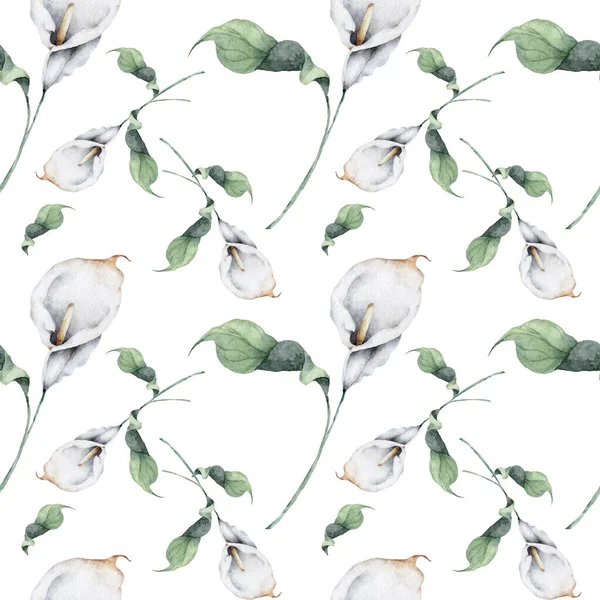 Patrón Sin Costuras Con Flores Lirio Cala Blanca Hojas Verdes —  Fotos de Stock