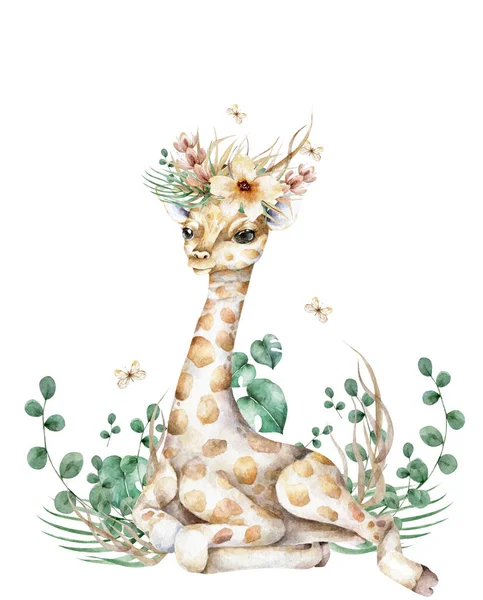 Plakat mit einem Giraffenbaby. Aquarell Karikatur Giraffe tropischen Tier Illustration. Dschungel exotische Sommer-Design — Stockfoto