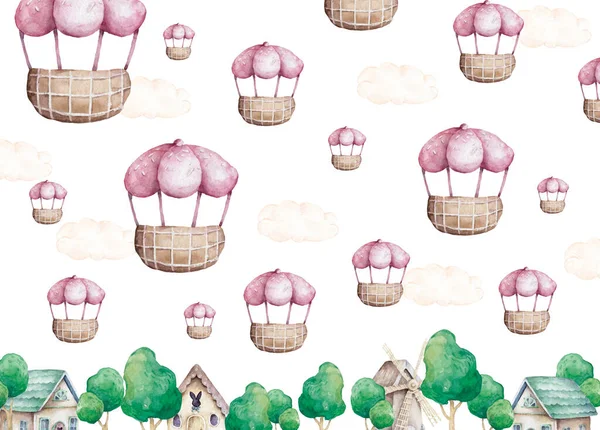 Heißluftballon und Wolken Hintergrund. Handgezeichneter Aquarell Cartoon Ballon auf weißem Hintergrund — Stockfoto